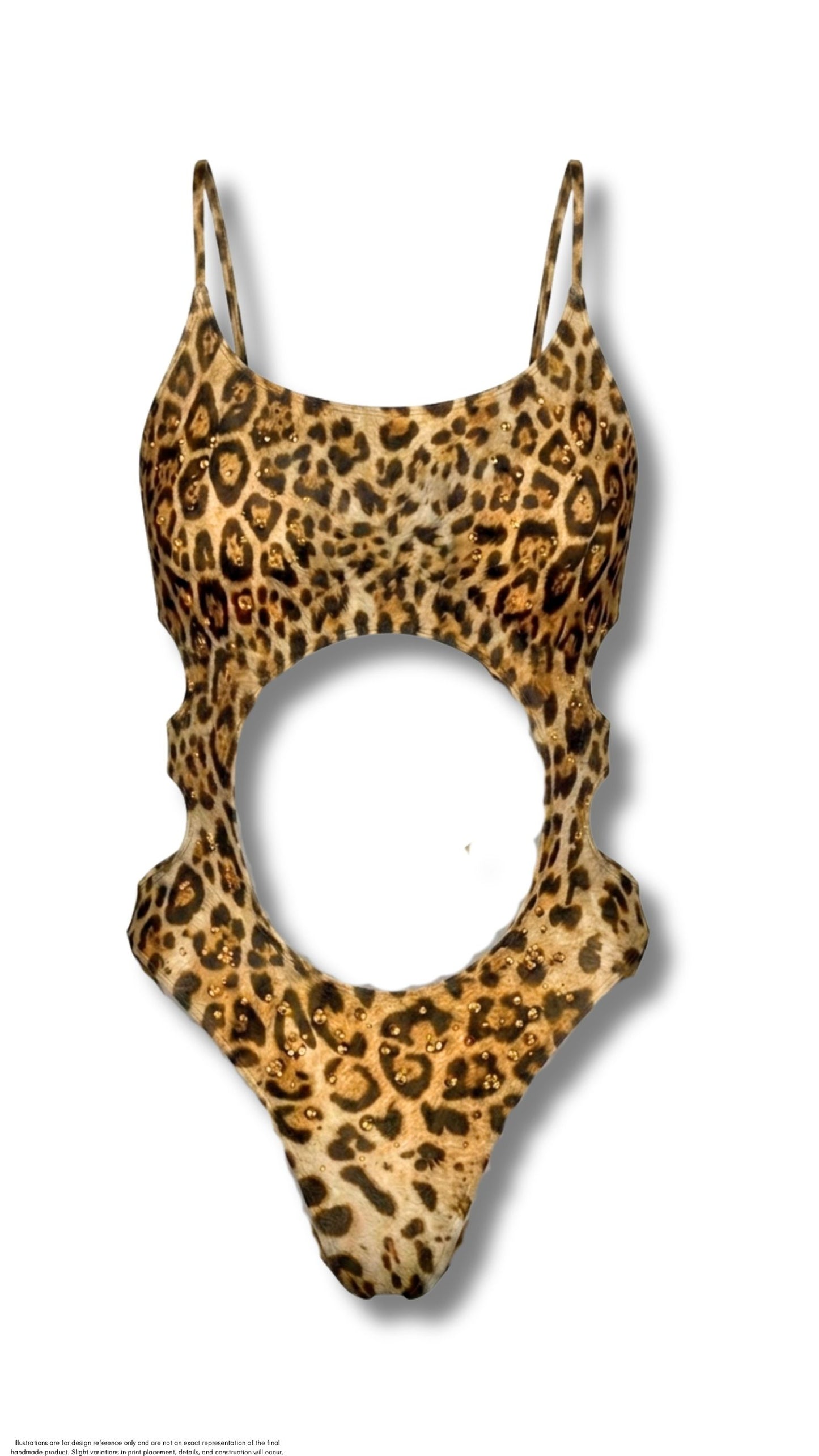 leopard print one piece swimsuit with cutouts and color matching rhinestones. Lined swimsuit.
