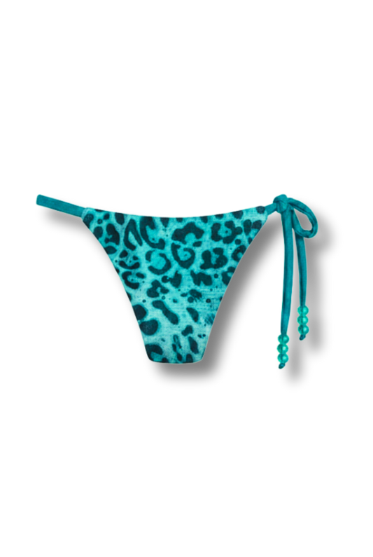 Teal leopard print bikini bottom on a white background